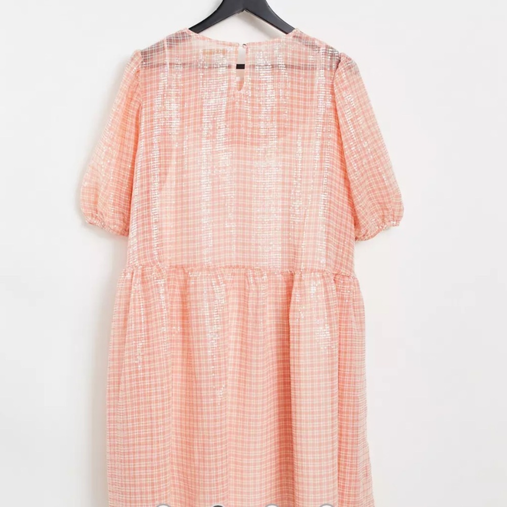 Peach Gingham Mini Dress with Puff Sleeves - Picture 7 of 16